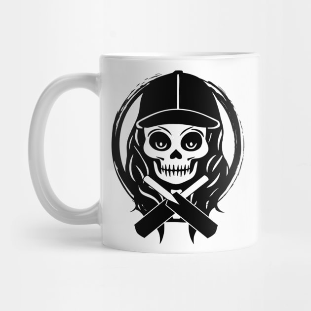 Female Cricketer Skull and Cricket Bats Black Logo by Nuletto